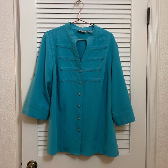 Cathy Che Tops - Cathy Che Stretch Teal Mandarin Collar Blouse 14/16W